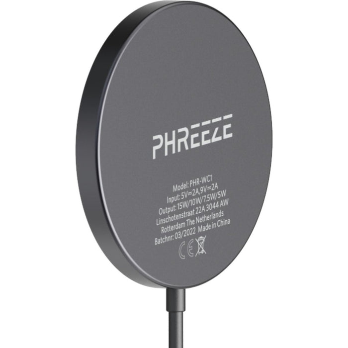 Phreeze Draadloze Oplader 15W - Magnetisch - Zwart - Geschikt voor Magneetfunctie van iPhone 12 en iPhone 13 - Wireless Fast Charger - 15W Snellader - Magnetisch - Recycled Aluminium Design