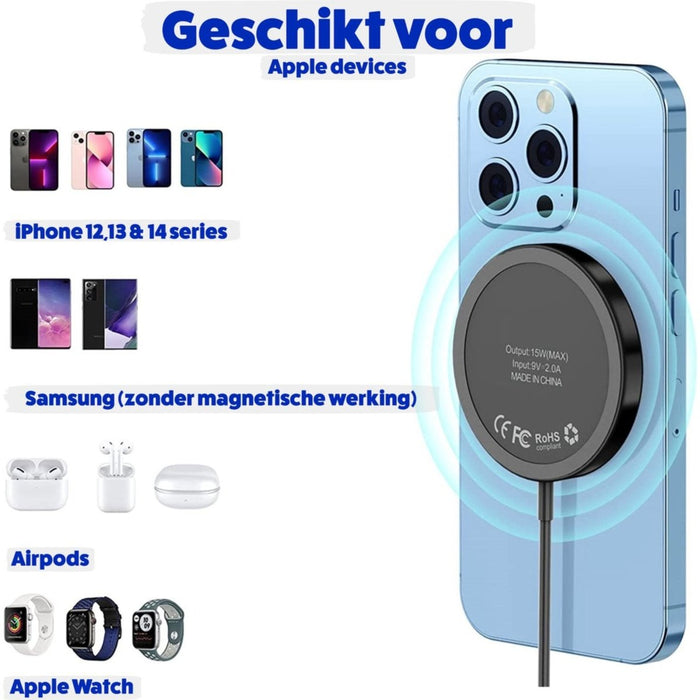 Phreeze Draadloze Oplader 15W - Magnetisch - Zwart - Geschikt voor Magneetfunctie van iPhone 12 en iPhone 13 - Wireless Fast Charger - 15W Snellader - Magnetisch - Recycled Aluminium Design