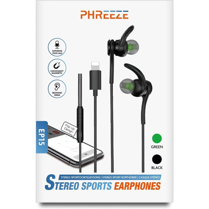 Phreeze EP15 Bedrade iPhone Oortjes - Zwart - In-Ear Sport Headset met Haakjes - Lightning Headset - Geschikt voor Apple - Earpods - Apple Oortjes - Bedrade Oortjes met Lightning Aansluiting - EarHooks - Extra Duurzaam - Pure Bass - Sport Oortjes
