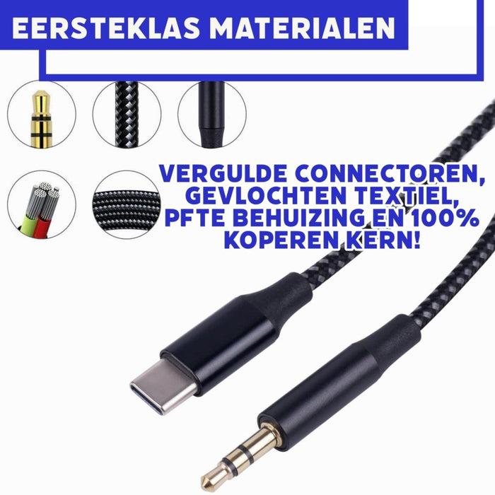 Phreeze™ Gecertificeerde 3.5mm Aux naar USB-C Kabel - Gevlochten Audiokabel voor Android, Samsung, S21, S20 FE en meer