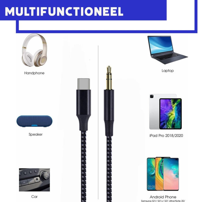 Phreeze™ Gecertificeerde 3.5mm Aux naar USB-C Kabel - Gevlochten Audiokabel voor Android, Samsung, S21, S20 FE en meer