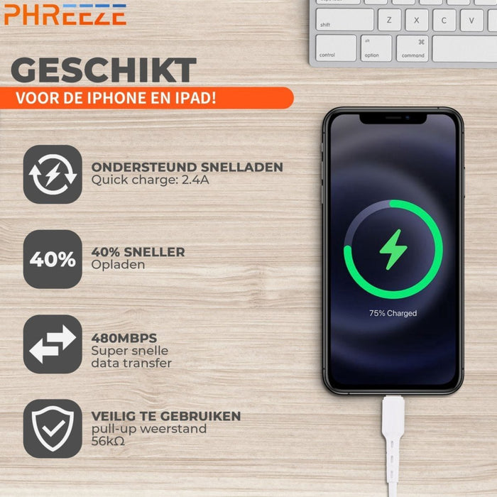 Phreeze® Gecertificeerde iPhone USB Stekker + iPhone Oplader Kabel 2 meter - Geschikt voor Apple iPhone 13 PRO/13/12/11/11 PRO/ XS/ XR/ X/ iPhone 8/ 8 Plus/ iPhone SE - Adapter