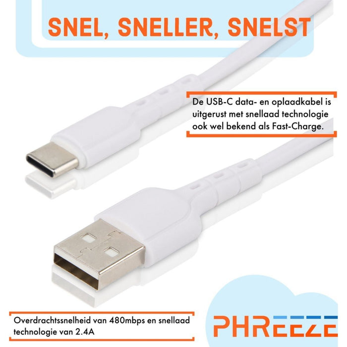 Phreeze Gecertificeerde Universele USB Adapter + USB-C Kabel Type C - 1 Meter - Voor Samsung, Xiaomi, HTC, LG, SONY
