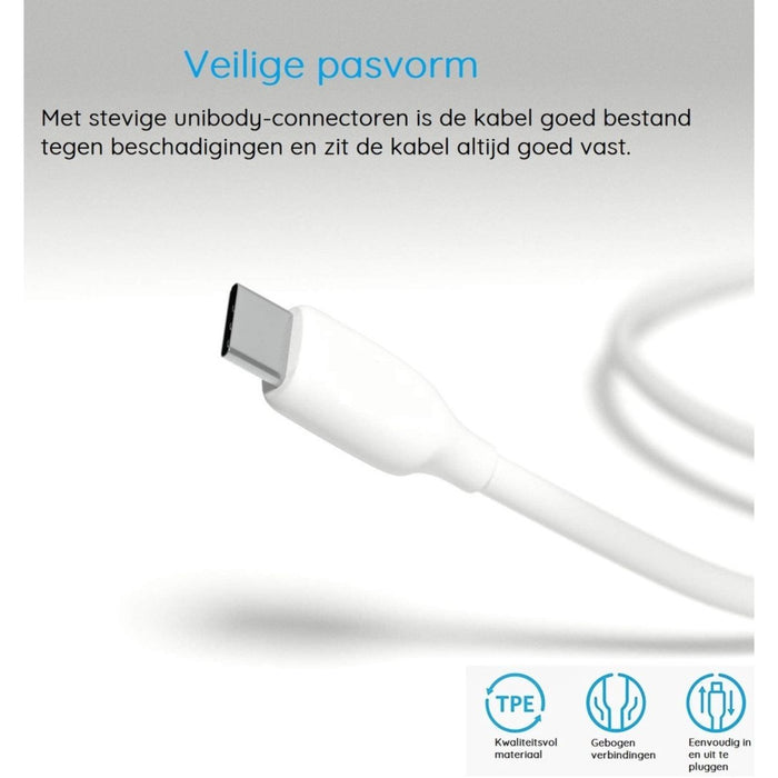 Phreeze Gecertificeerde USB Stekker + USB-C Kabel 1 Meter - 2.1A Fast Charge - Geschikt voor Powerbank, Kolfapparaat, Draadloze Oortjes, Smartwatch, Smart camera