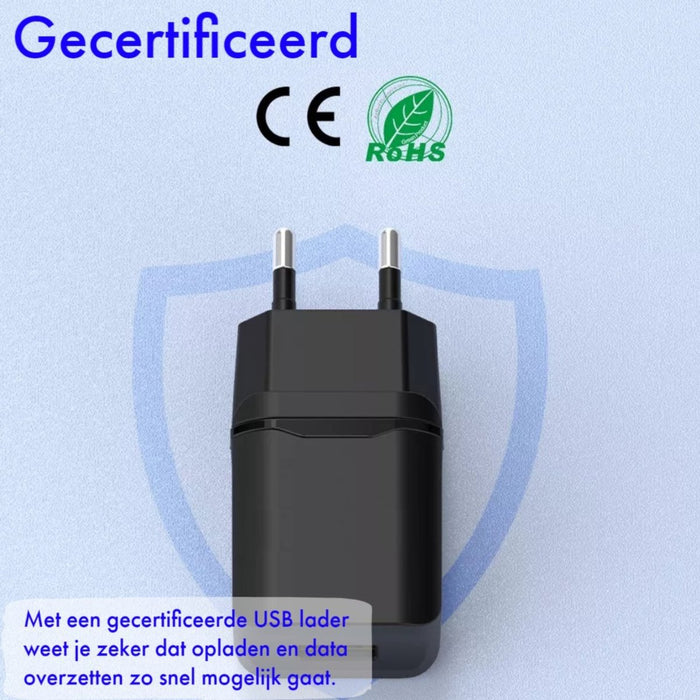 Phreeze® Gecertificeerde USB Stekker + USB-C Kabel 1 Meter - 2.1A Fast Charge - Geschikt voor Powerbank, Kolfapparaat, Draadloze Oortjes, Smartwatch, Smart camera