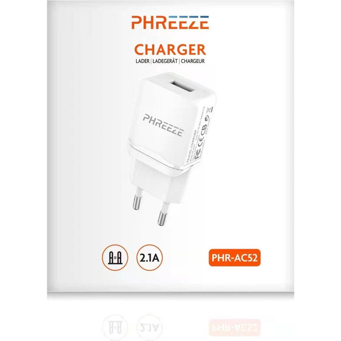 Phreeze Gecertificeerde USB Stekker + USB-C Kabel 1 Meter - 2.1A Fast Charge - Geschikt voor Powerbank, Kolfapparaat, Draadloze Oortjes, Smartwatch, Smart camera