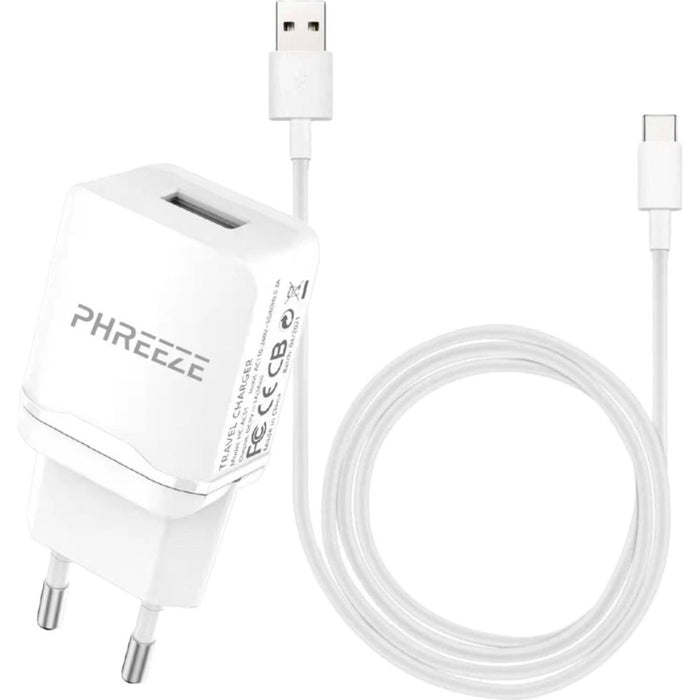 Phreeze Gecertificeerde USB Stekker + USB-C Kabel 1 Meter - 2.1A Fast Charge - Geschikt voor Powerbank, Kolfapparaat, Draadloze Oortjes, Smartwatch, Smart camera