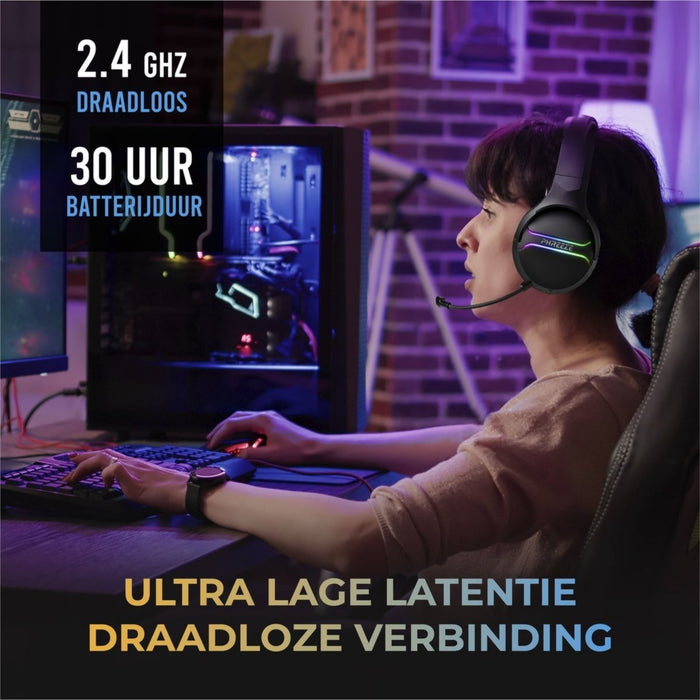 Phreeze GH-W Draadloze Gaming Headset met Microfoon - 2.4 GHZ Draadloos USB-C en USB-A - Voor PS4/PS5/XBOX/NINTENDO SWITCH - Over Ear Koptelefoon met RGB Verlichting - 15 Uur Speeltijd - Game Headset - Geschikt voor FPS Shooters en RPG