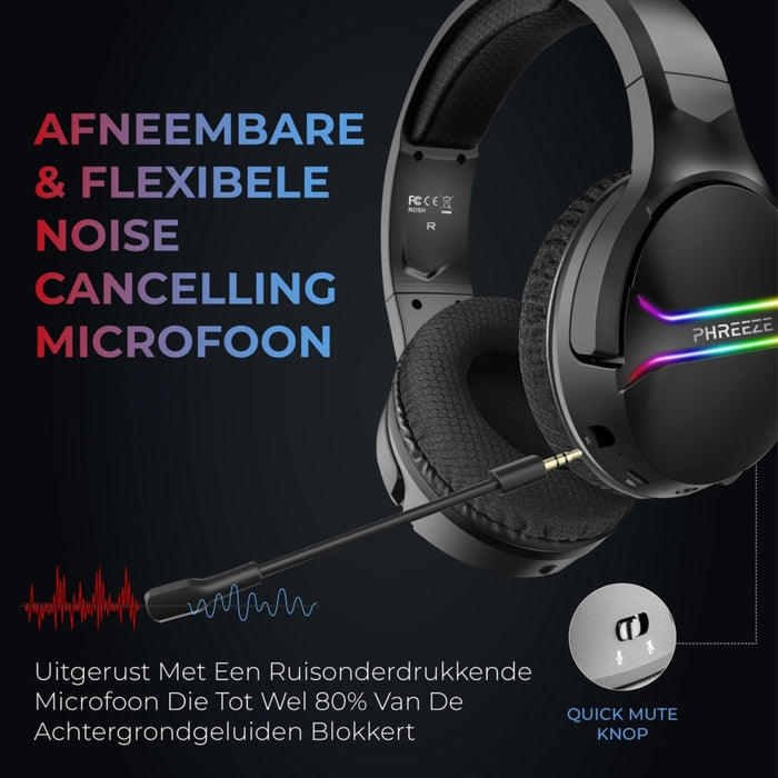 Phreeze GH-W Draadloze Gaming Headset met Microfoon - 2.4 GHZ Draadloos USB-C en USB-A - Voor PS4/PS5/XBOX/NINTENDO SWITCH - Over Ear Koptelefoon met RGB Verlichting - 15 Uur Speeltijd - Game Headset - Geschikt voor FPS Shooters en RPG