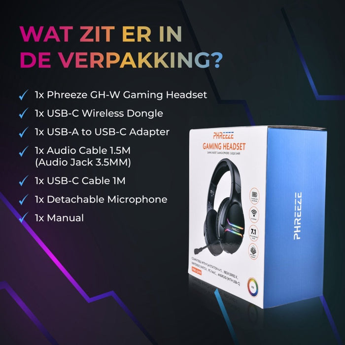 Phreeze GH-W Draadloze Gaming Headset met Microfoon - 2.4 GHZ Draadloos USB-C en USB-A - Voor PS4/PS5/XBOX/NINTENDO SWITCH - Over Ear Koptelefoon met RGB Verlichting - 15 Uur Speeltijd - Game Headset - Geschikt voor FPS Shooters en RPG