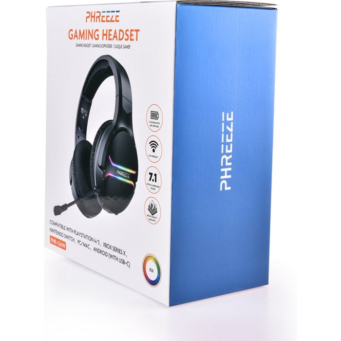Phreeze GH-W Draadloze Gaming Headset met Microfoon - 2.4 GHZ Draadloos USB-C en USB-A - Voor PS4/PS5/XBOX/NINTENDO SWITCH - Over Ear Koptelefoon met RGB Verlichting - 15 Uur Speeltijd - Game Headset - Geschikt voor FPS Shooters en RPG