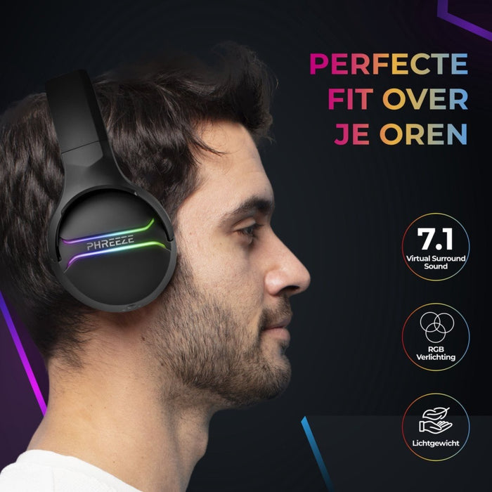 Phreeze GH-W Draadloze Gaming Headset met Microfoon - 2.4 GHZ Draadloos USB-C en USB-A - Voor PS4/PS5/XBOX/NINTENDO SWITCH - Over Ear Koptelefoon met RGB Verlichting - 15 Uur Speeltijd - Game Headset - Geschikt voor FPS Shooters en RPG