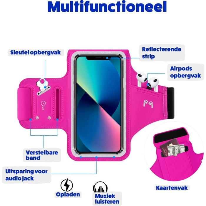 Phreeze Hardloop Telefoonhouder - Roze - Luchtig Neopreen - Kaartenvak - Sleutelvak - Airpods Vak -