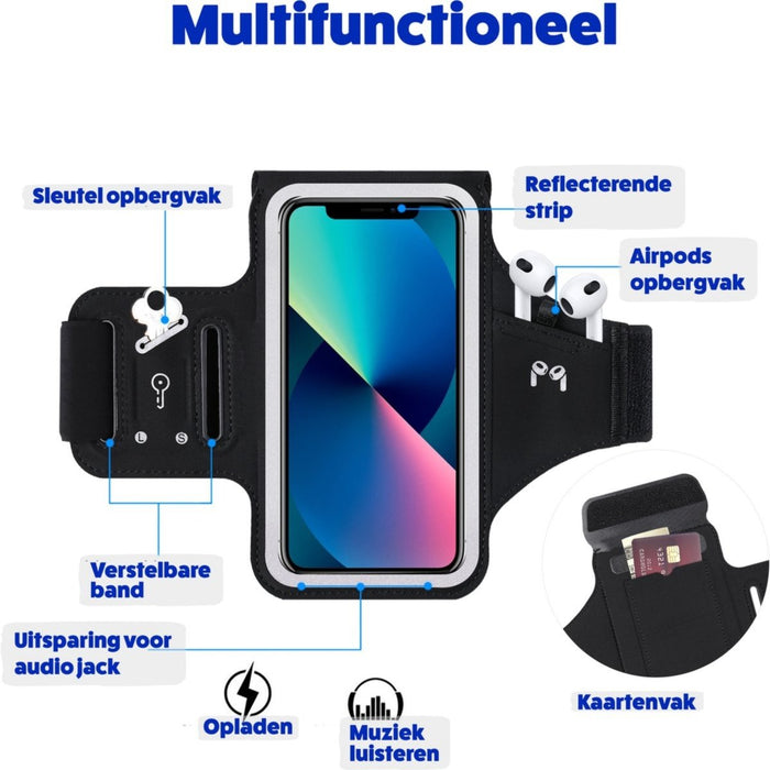 Phreeze Hardloop Telefoonhouder - Zwart - Luchtig Neopreen - Kaartenvak - Sleutelvak - Airpods Vak -