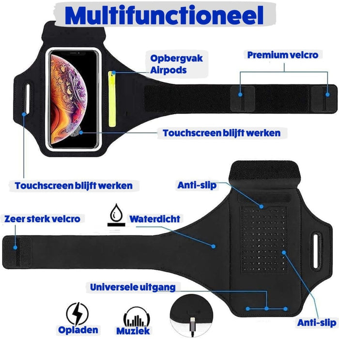 Phreeze Hardloop Telefoonhouder - Zwart - Siliconen Binnenzijde - Luchtig Neopreen - Kaartenvak - Airpods vak met ritssluiting