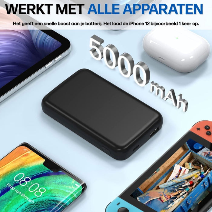 Phreeze iPhone Powerbank met Inklapbare Standaard - 5000 mAh Magsafe Compatible - Iphone - MagSafe Hoesje - USB C 20W Snellader - Draadloze Oplader - Zwart - Phreeze