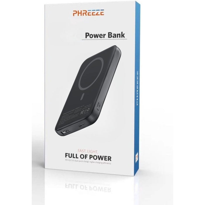 Phreeze iPhone Powerbank met Inklapbare Standaard - 5000 mAh Magsafe Compatible - Iphone - MagSafe Hoesje - USB C 20W Snellader - Draadloze Oplader - Zwart - Phreeze