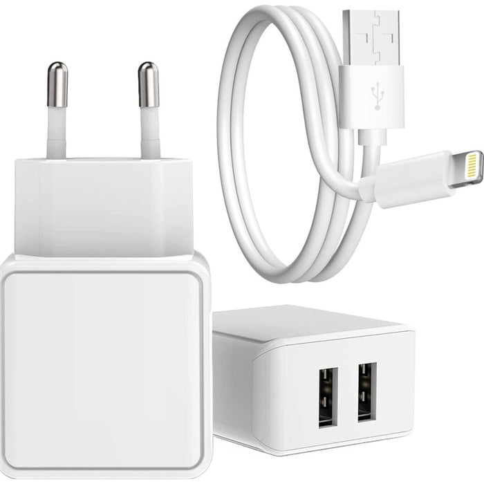 Phreeze PHR-AC54 12W USB Stekker met 2 Poorten + USB Lightning Kabel - 2 Meter - Opladerkabel iPhone - Adapter voor Apple iPhone, Apple iPad, Apple Watch, Apple Airpods