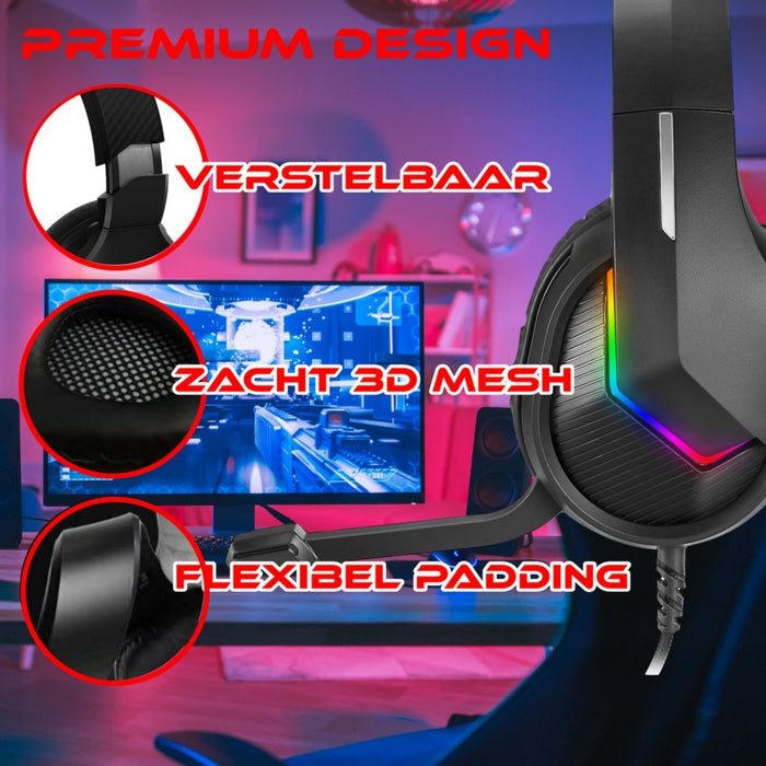 Phreeze™ Pro Game Headset met Microfoon - Zwart - 2022 Versie - LED Koptelefoon met Draad - RGB Gaming Headset voor PC, PS4, PS5, Nintendo Switch