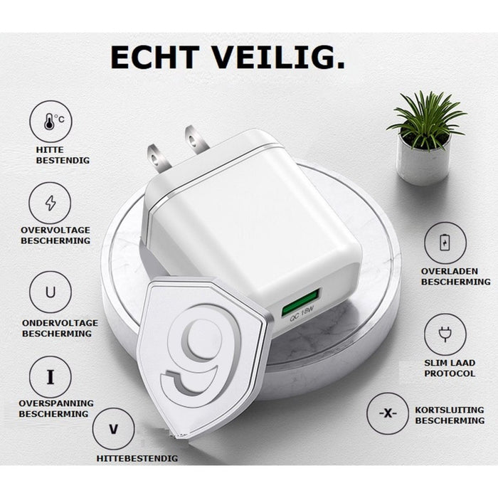 Phreeze Snellader Adapter voor Samsung met USB-C Laadkabel 3 Meter Oplaadsnoer Oplader Kabel - Universele USB Adapter met Snellaadfunctie HTC/OPPO/Xiaomi/Nokia/OnePlus/Tablet - Oplaadblokje - USB Stekker - Thuislader - Wandlader - PowerPort