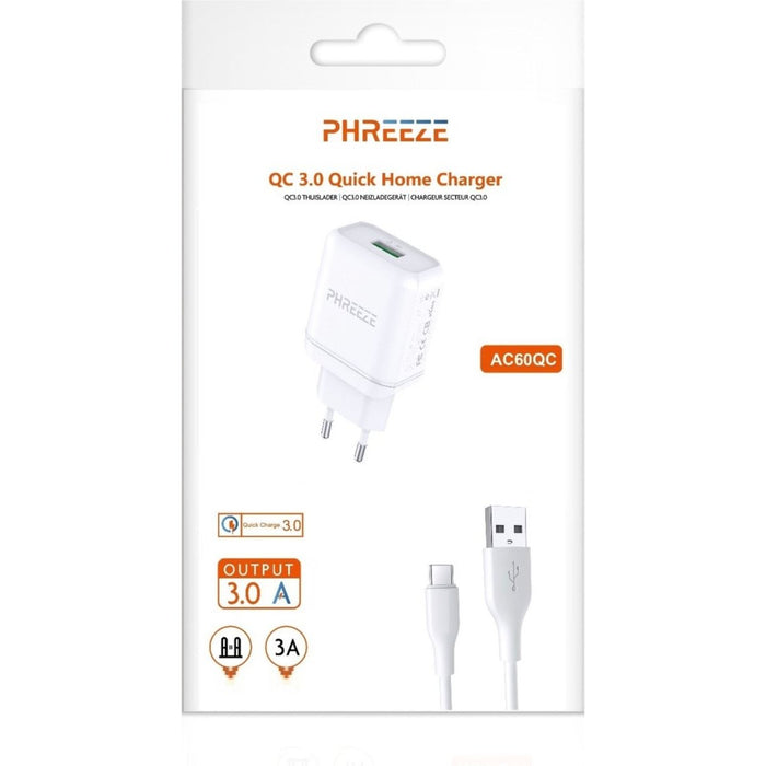 Phreeze Snellader Adapter voor Samsung met USB-C Laadkabel 3 Meter Oplaadsnoer Oplader Kabel - Universele USB Adapter met Snellaadfunctie HTC/OPPO/Xiaomi/Nokia/OnePlus/Tablet - Oplaadblokje - USB Stekker - Thuislader - Wandlader - PowerPort