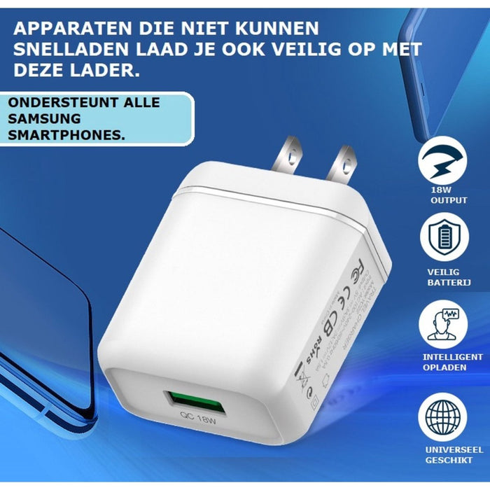 Phreeze Snellader Adapter voor Samsung met USB-C Laadkabel 3 Meter Oplaadsnoer Oplader Kabel - Universele USB Adapter met Snellaadfunctie HTC/OPPO/Xiaomi/Nokia/OnePlus/Tablet - Oplaadblokje - USB Stekker - Thuislader - Wandlader - PowerPort