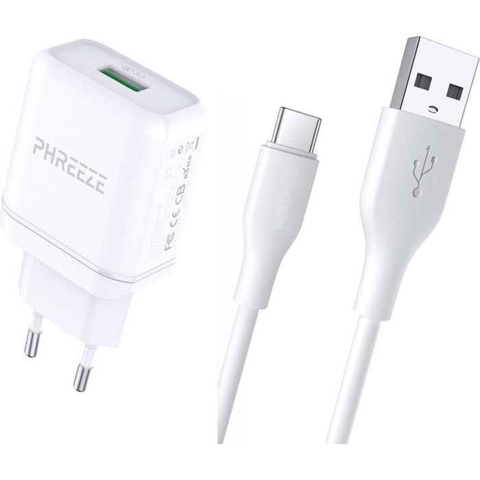 Phreeze Snellader Adapter voor Samsung met USB-C Laadkabel 3 Meter Oplaadsnoer Oplader Kabel - Universele USB Adapter met Snellaadfunctie HTC/OPPO/Xiaomi/Nokia/OnePlus/Tablet - Oplaadblokje - USB Stekker - Thuislader - Wandlader - PowerPort