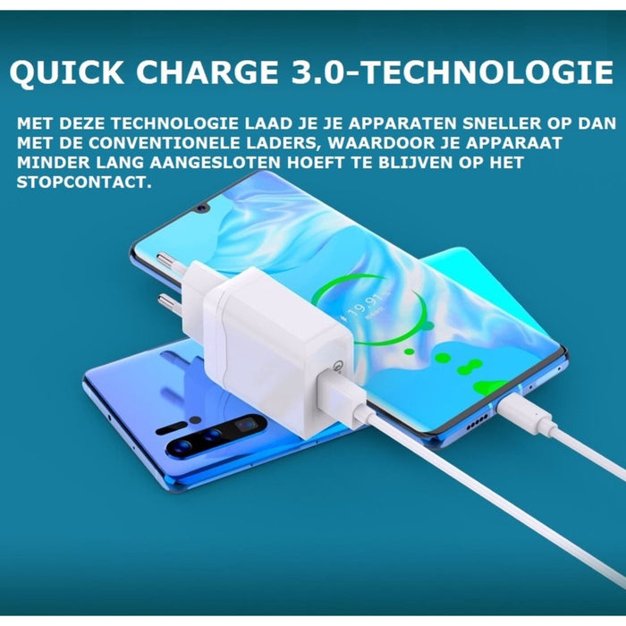 Phreeze Snellader Adapter voor Samsung met USB-C Laadkabel 3 Meter Oplaadsnoer Oplader Kabel - Universele USB Adapter met Snellaadfunctie HTC/OPPO/Xiaomi/Nokia/OnePlus/Tablet - Oplaadblokje - USB Stekker - Thuislader - Wandlader - PowerPort