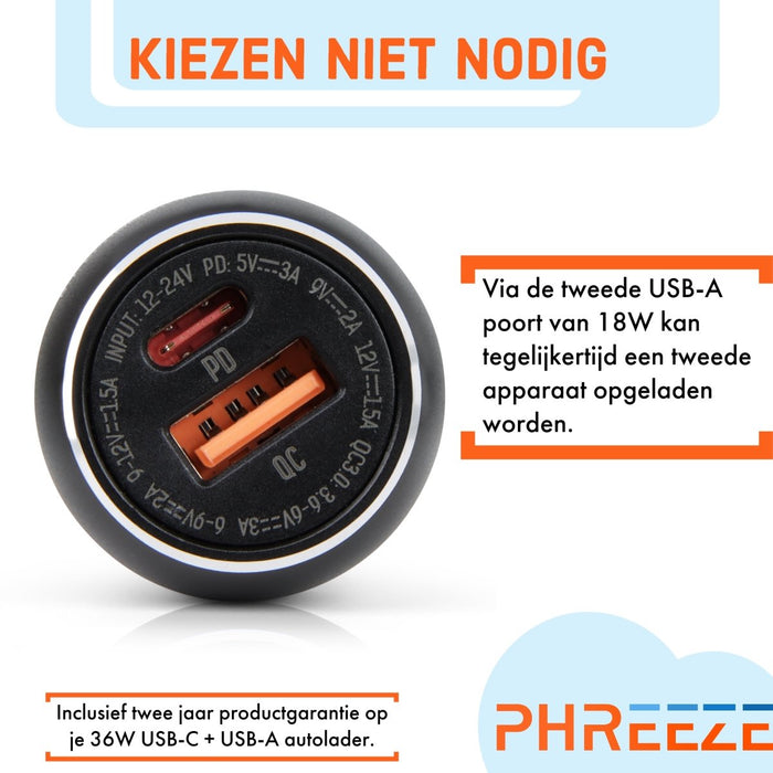 Phreeze Snellader Auto - Autolader met USB-A & USB-C Poort - PHR-C1PD