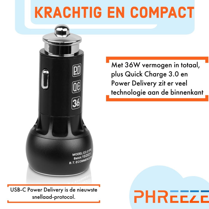 Phreeze Snellader Auto - Autolader met USB-A & USB-C Poort - PHR-C1PD