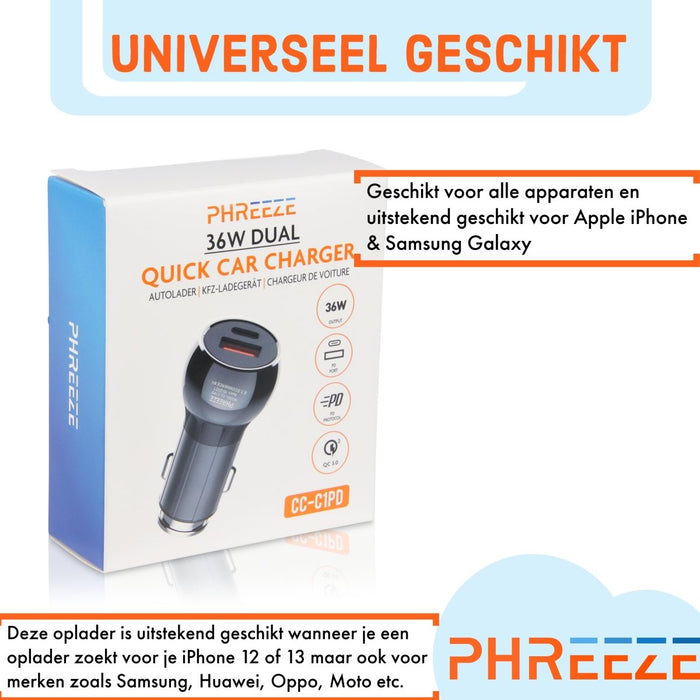 Phreeze Snellader Auto - Autolader met USB-A & USB-C Poort - PHR-C1PD