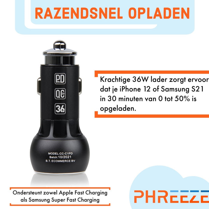 Phreeze Snellader Auto - Autolader met USB-A & USB-C Poort - PHR-C1PD