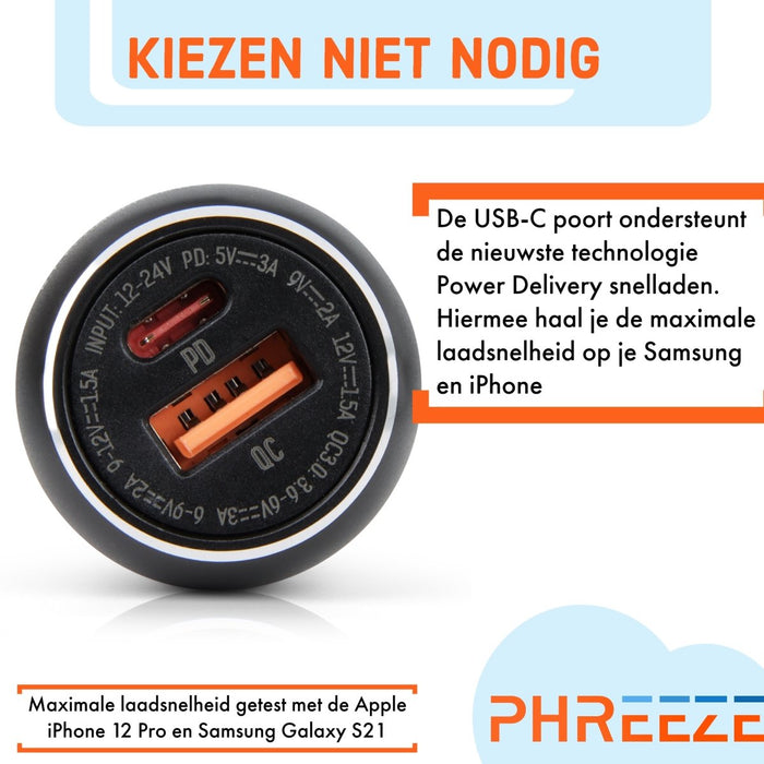 Phreeze Snellader Auto - Autolader met USB-A & USB-C Poort - PHR-C1PD