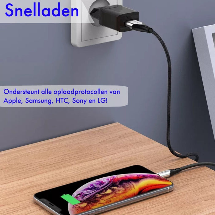 Phreeze® Snellader met USB-C Oplader voor Samsung S21/S20/S10/A51/A53/S22/A13/A50/S9/A52 - Quick Charge 2.1A - Gecertificeerde USB Adapter met USB-C Kabel