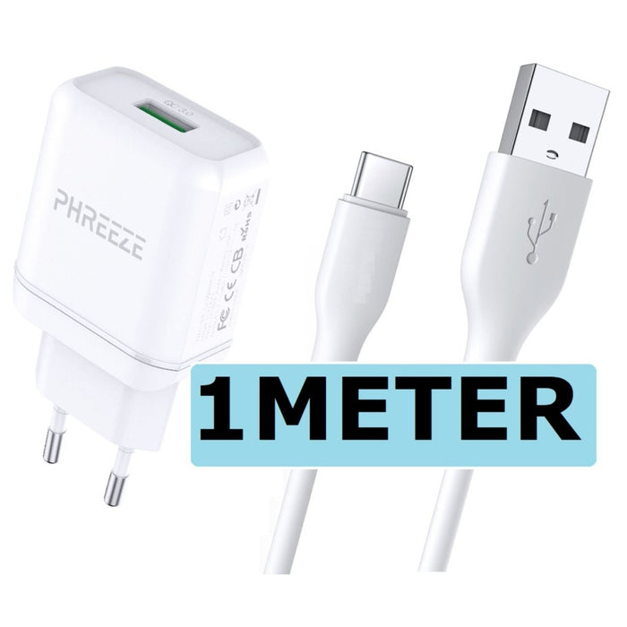 Phreeze Snellader voor Samsung met USB-C Laadkabel 1 Meter Oplaadsnoer Oplader Kabel - Universele USB Adapter met Snellaadfunctie voor HTC/OPPO/Xiaomi/Nokia/OnePlus/Tablet - Oplaadblokje - USB Stekker - Thuislader - GSM Wandlader - PowerPort