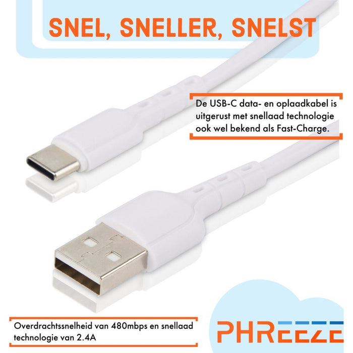 Phreeze Universele USB Fast Charger + USB-C Oplader Kabel - 2 Meter - Geschikt voor Samsung Galaxy A13, A03s, A53, A02s, A12, A32, A50, A52s, A51s