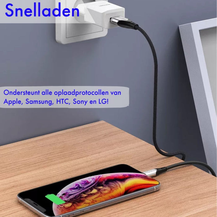 Phreeze Universele USB Fast Charger + USB-C Oplader Kabel - 2 Meter - Geschikt voor Samsung Galaxy A13, A03s, A53, A02s, A12, A32, A50, A52s, A51s