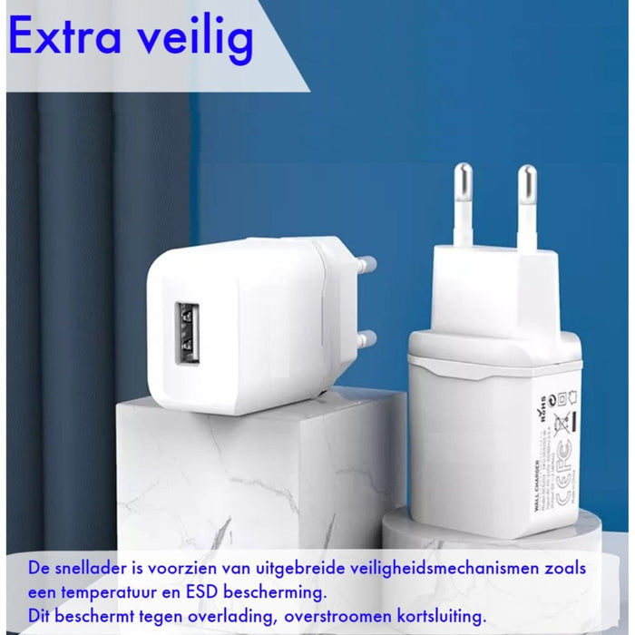 Phreeze Universele USB Fast Charger + USB-C Oplader Kabel - 2 Meter - Geschikt voor Samsung Galaxy A13, A03s, A53, A02s, A12, A32, A50, A52s, A51s