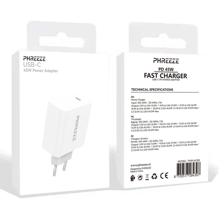 Phreeze  USB-C Adapter - 2 Stuks - Super Fast Charge 2.0 - 45W - Wit - Oplader voor Samsung S22, S21, S20 Ultra, Tab S7, Tab S8, Z Fold3, Note 20, Z Flip3, iPhone 14, iPhone 13, Macbook Air en iPad Pro