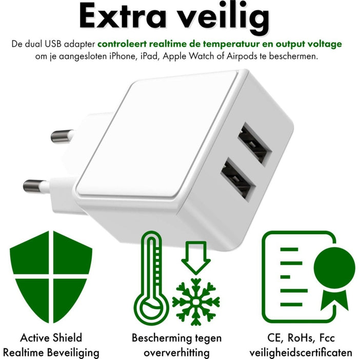 Phreeze USB Stekker met 2 Poorten + 2x USB Lightning Kabel - 1 Meter - Opladerkabel iPhone - Adapter voor Apple iPhone, Apple iPad, Apple Watch, Apple Airpods - PHR-AC54 Snellader