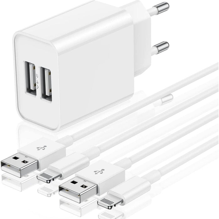 Phreeze USB Stekker met 2 Poorten + 2x USB Lightning Kabel - 1 Meter - Opladerkabel iPhone - Adapter voor Apple iPhone, Apple iPad, Apple Watch, Apple Airpods - PHR-AC54 Snellader