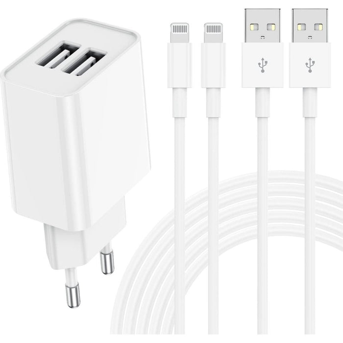 Phreeze USB Stekker met 2 Poorten + 2x USB Lightning Kabel - 2 Meter - Opladerkabel iPhone - Adapter voor Apple iPhone, Apple iPad, Apple Watch, Apple Airpods - PHR-AC54 Snellader