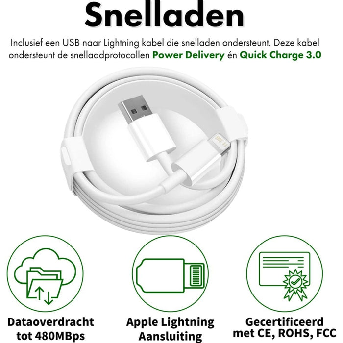 Phreeze USB Stekker met 2 Poorten + 2x USB Lightning Kabel - 2 Meter - Opladerkabel iPhone - Adapter voor Apple iPhone, Apple iPad, Apple Watch, Apple Airpods - PHR-AC54 Snellader