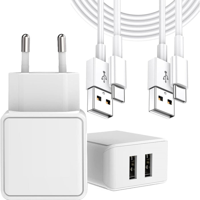 Phreeze USB Stekker met 2 Poorten + 2x USB naar USB-C Kabel - 1 Meter - Samsung Oplader - Adapter voor Samsung, HTC, Nokia, Sony, Android - PHR-AC54 Snellader