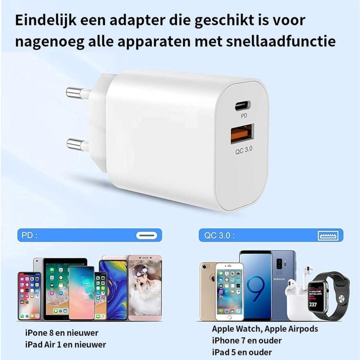 Power Adapter 38W Thuislader met USB-C Kabel - Quick Charge 3.0 en USB-C - Oplader Stekker Oplaadstekker met 2 USB Poorten - Geschikt voor Apple iPhone 13/13Pro/12/12 Pro Max/11/XS/XR/X/iPad/AirPods Pro