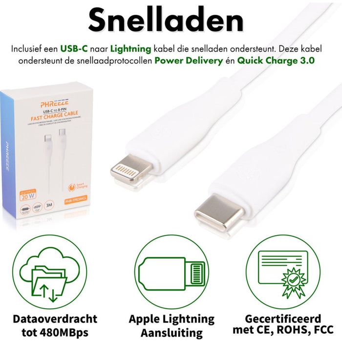 Power Delivery USB-C Oplader 20W + USB-C naar Lightning Kabel - 2 Meter - Geschikt voor iPhone / Oplader iPhone / iPhone Oplader - MFi gecertificeerd - Wit - Opladers - Phreeze