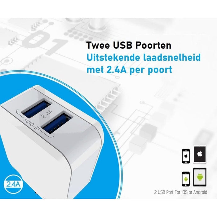 PowerPort 24W Thuislader Oplader Stekker Adapter met 2 USB Poorten - Geschikt voor Apple iPad / Apple iPhone / Apple Watch / Apple Airpods (Pro)