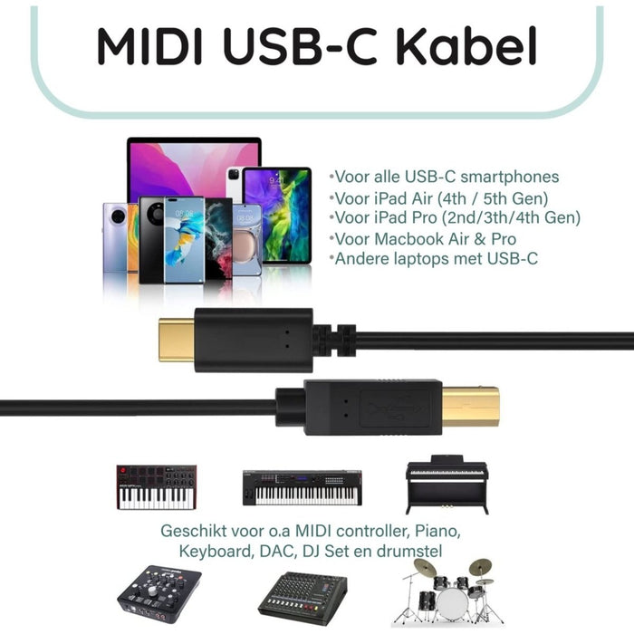 Printerkabel - USB C naar USB 2.0 B Kabel - Midi Kabel USB C - Printerkabel - Geschikt voor MIDI, Midi Keyboard, Midi Controller, Midi Interface, HP, Brother, Canon, Xerox, Epson, Printer, Scanner, Fax