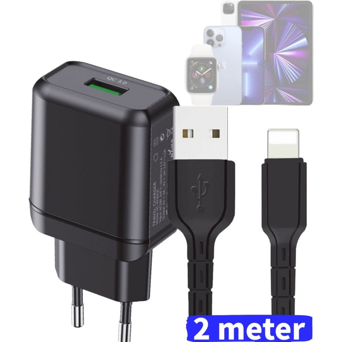 Quick Charge Oplaadsetje + 2 Meter Fast Charge oplader kabel voor iPhone en iPad - iPhone 6, 7, 8, SE, SE2, SE3, X, Xr, Xs, Xs Max, 11 , 12 en iPad 5/6/7 en 10.2 inch - Fast Charger - Oplaadstekker met Lightning Kabel voor iPad en iPhone