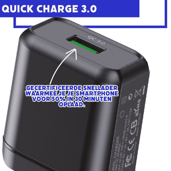 Quick Charge Oplaadstekker Oplader voor Samsung S21/S20/S10/A51/A53/S22/A13/A50/S9/A52 - Gecertificeerde USB Adapter met Quick Charge 3.0 - 18W USB Snellader